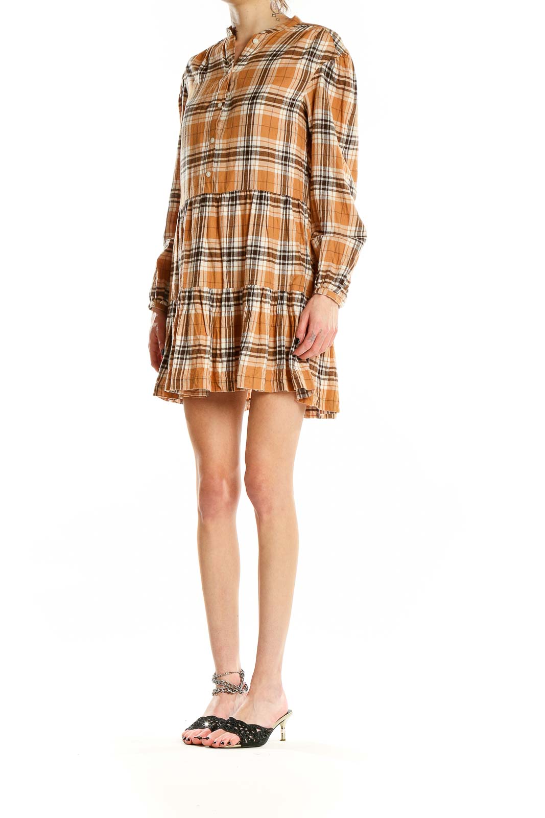 Front view of Gap orange plaid tiered cotton mini dress with button-up front