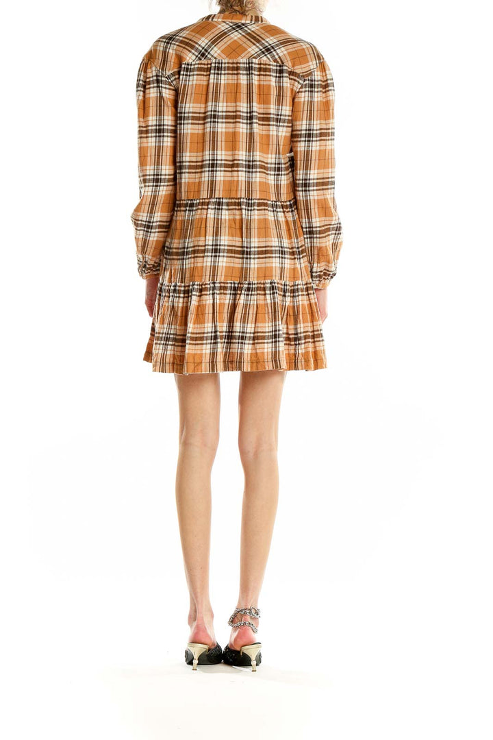 Back view of Gap orange plaid tiered cotton mini dress showing full silhouette