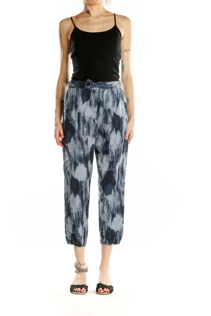 Front view of Gap blue abstract print cropped pants