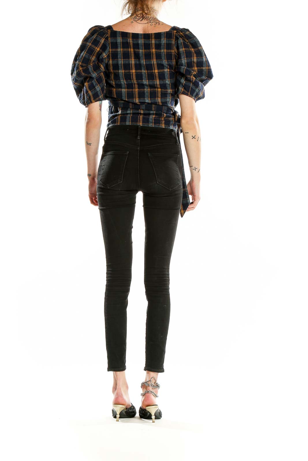 Back view of Madewell navy plaid puff-sleeve wrap top showing cropped design