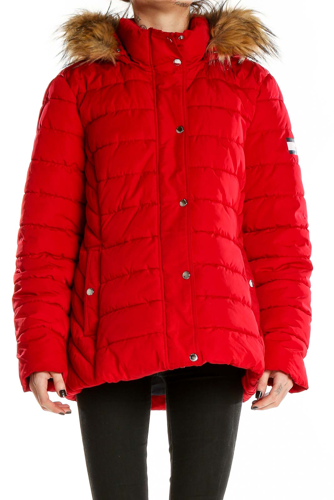 Front view of red Tommy Hilfiger puffer jacket with faux fur hood