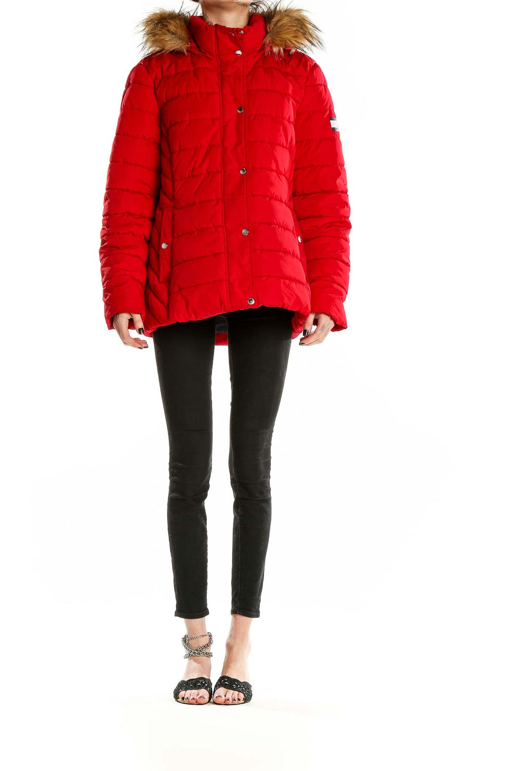 Front view of red Tommy Hilfiger puffer jacket with faux fur hood