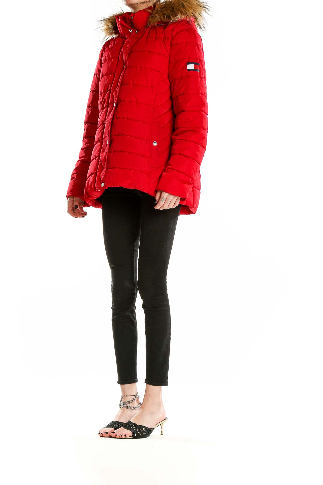 Front view of red Tommy Hilfiger puffer jacket with faux fur hood