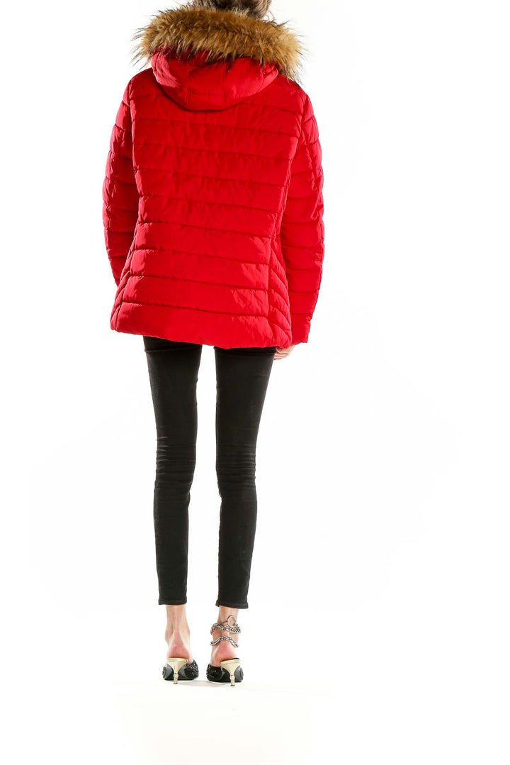 Back view of red Tommy Hilfiger puffer jacket showing quilted design