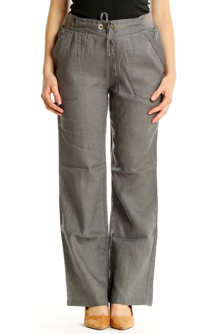 Front view of Ellen Tracy gray linen wide-leg pants with drawstring waist