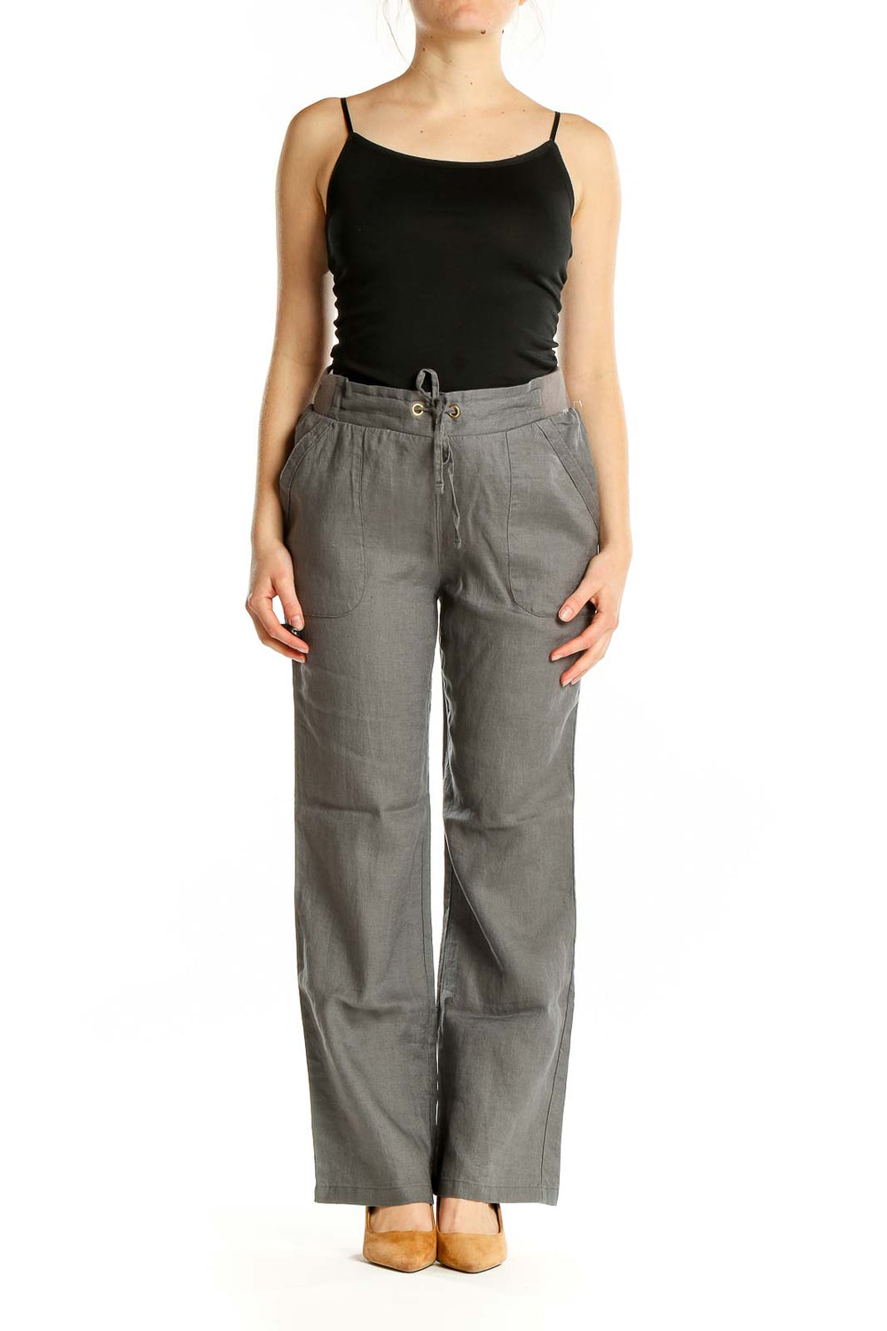 Front view of Ellen Tracy gray linen wide-leg pants with drawstring waist