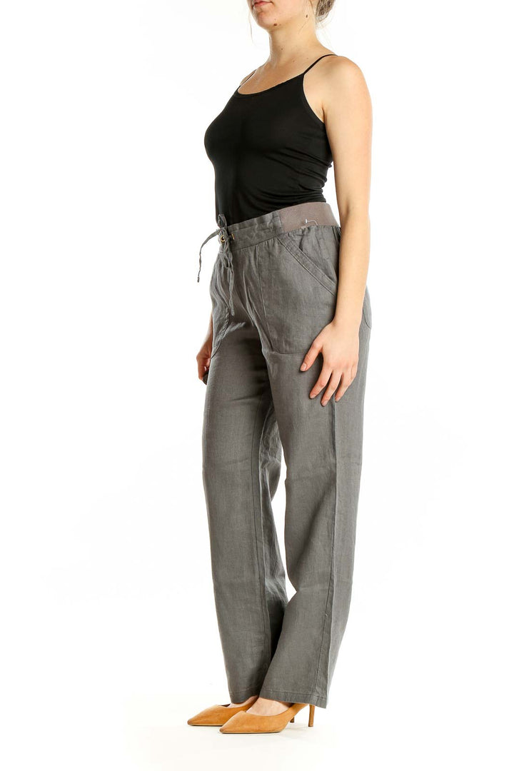 Front view of Ellen Tracy gray linen wide-leg pants with drawstring waist