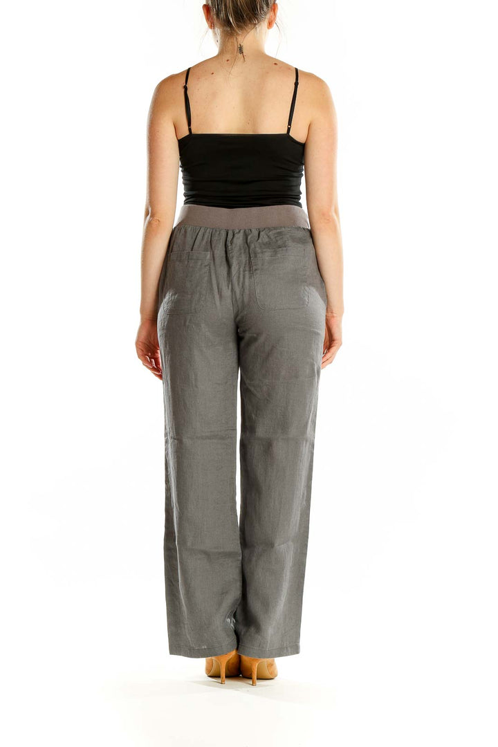 Back view of Ellen Tracy gray linen wide-leg pants on model