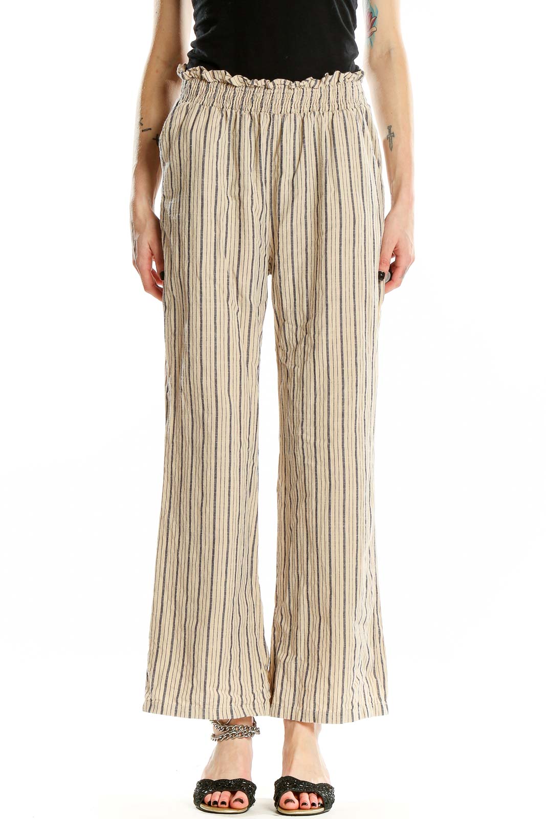 Front view of beige striped wide-leg cotton pants with paper bag waist