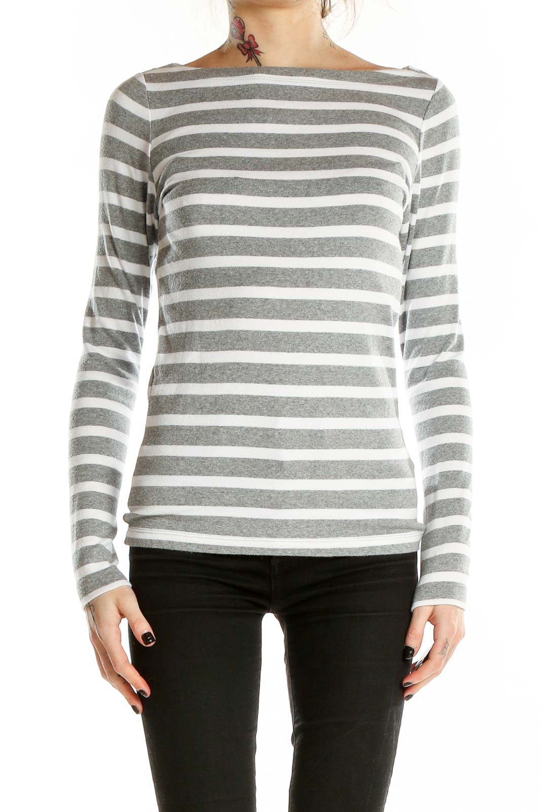 Front view of Gap gray and white striped long sleeve top