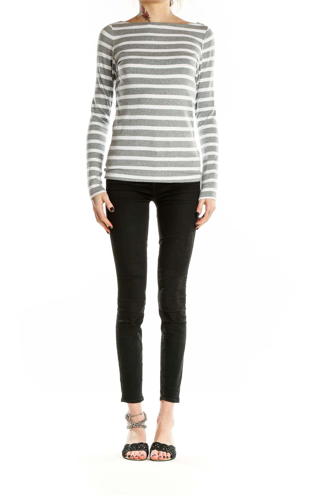 Front view of Gap gray and white striped long sleeve top