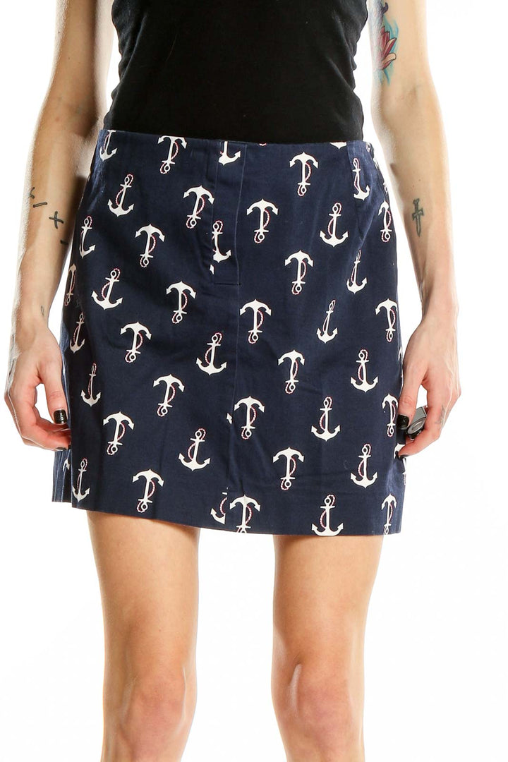 Front view of J.Crew navy mini skirt with white anchor print