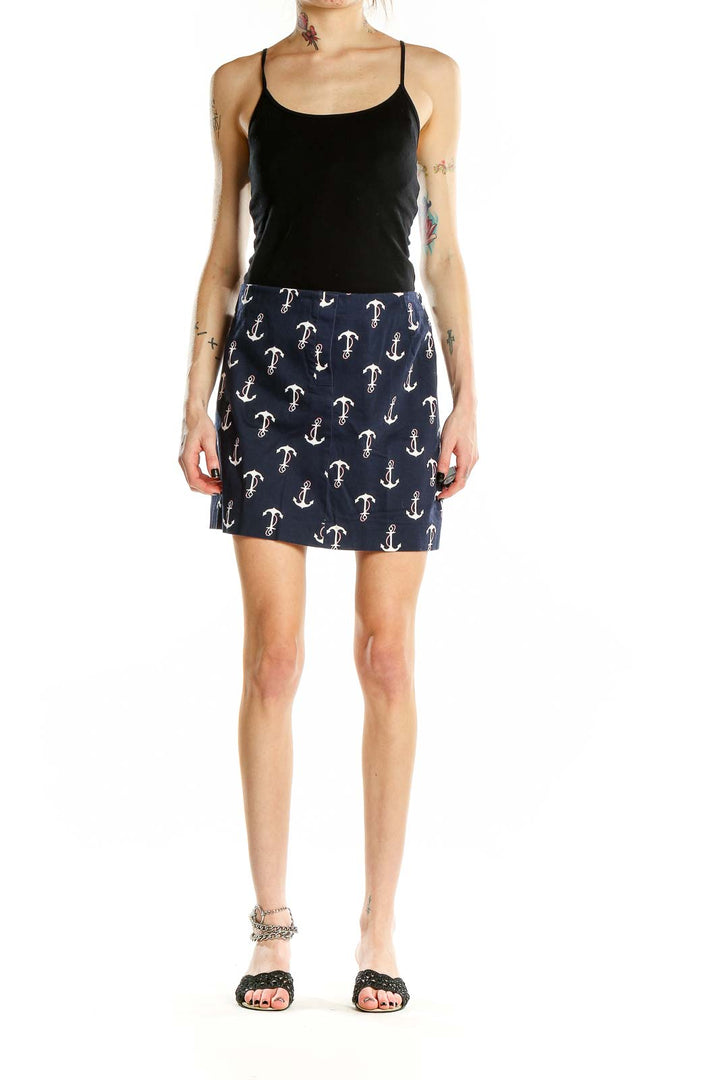 Front view of J.Crew navy mini skirt with white anchor print