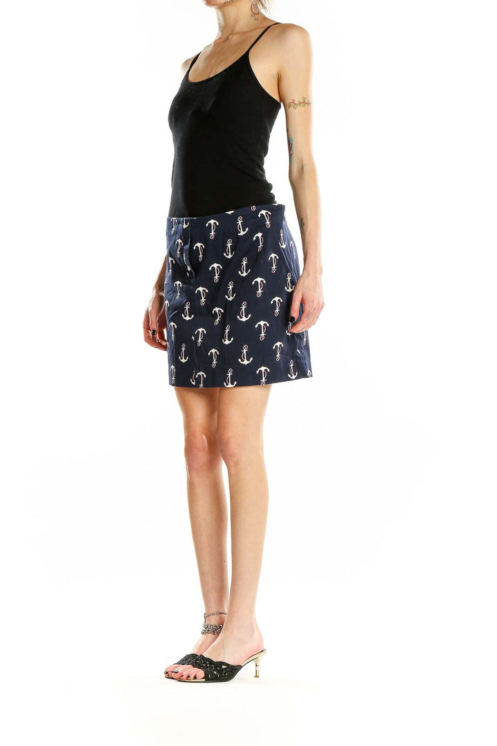 Front view of J.Crew navy mini skirt with white anchor print