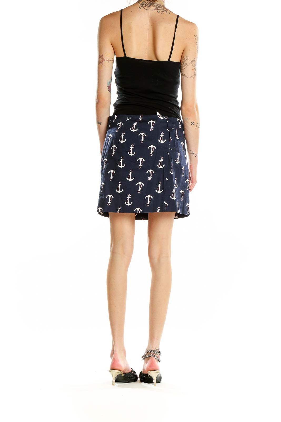 Back view of J.Crew navy mini skirt with white anchor print