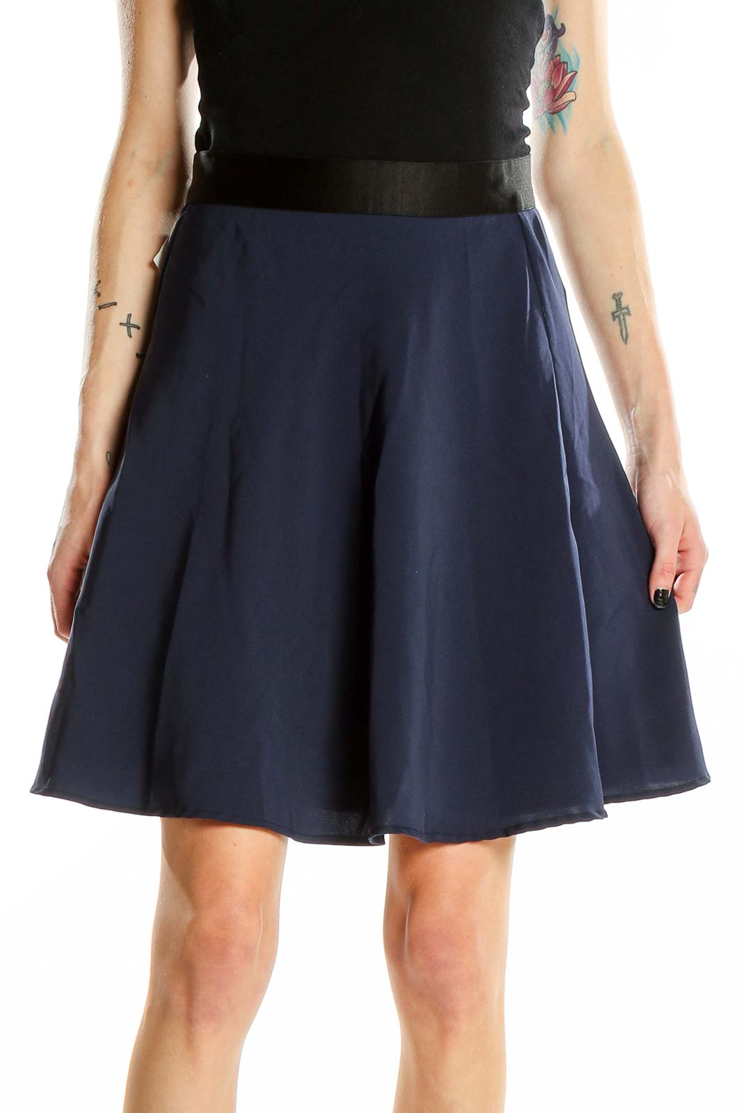 Front view of navy A-line skirt with black waistband by 3.1 Phillip Lim for Target