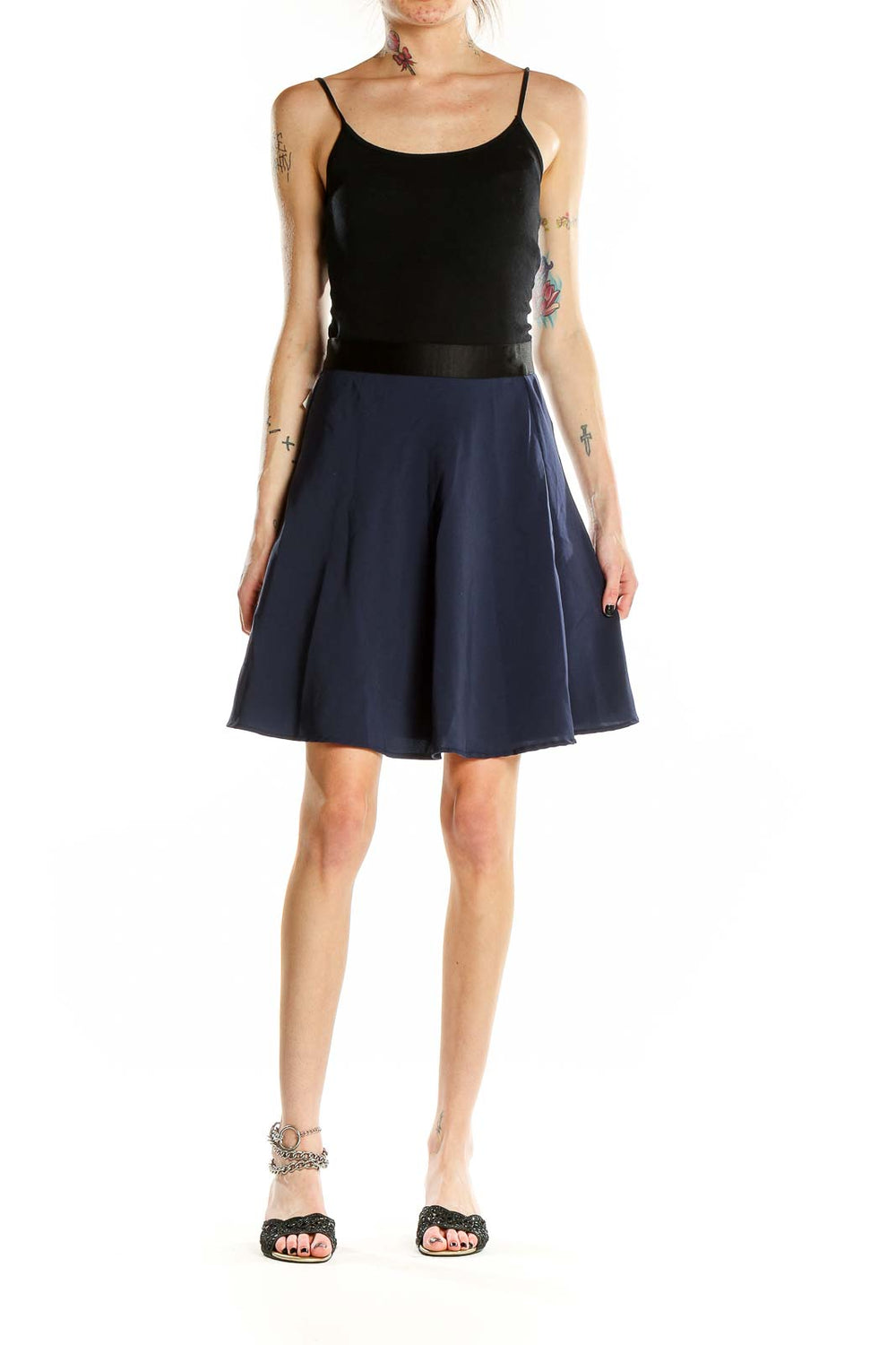 Front view of navy A-line skirt with black waistband by 3.1 Phillip Lim for Target