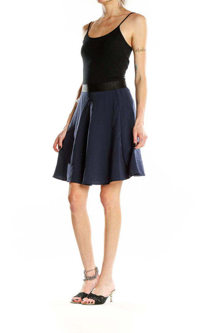 Front view of navy A-line skirt with black waistband by 3.1 Phillip Lim for Target