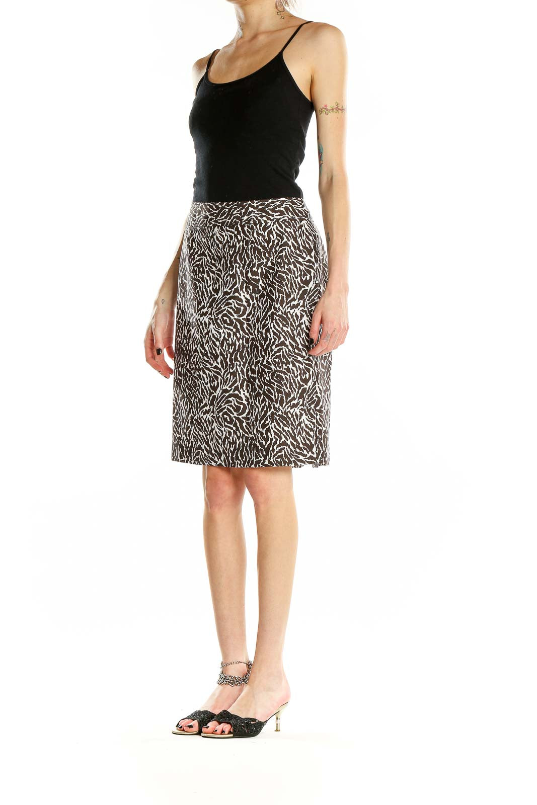 Front view of Ann Taylor LOFT brown and white animal print skirt