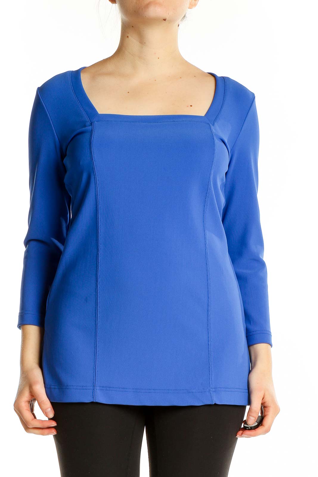 Front view of blue Boston Proper square neck long sleeve top