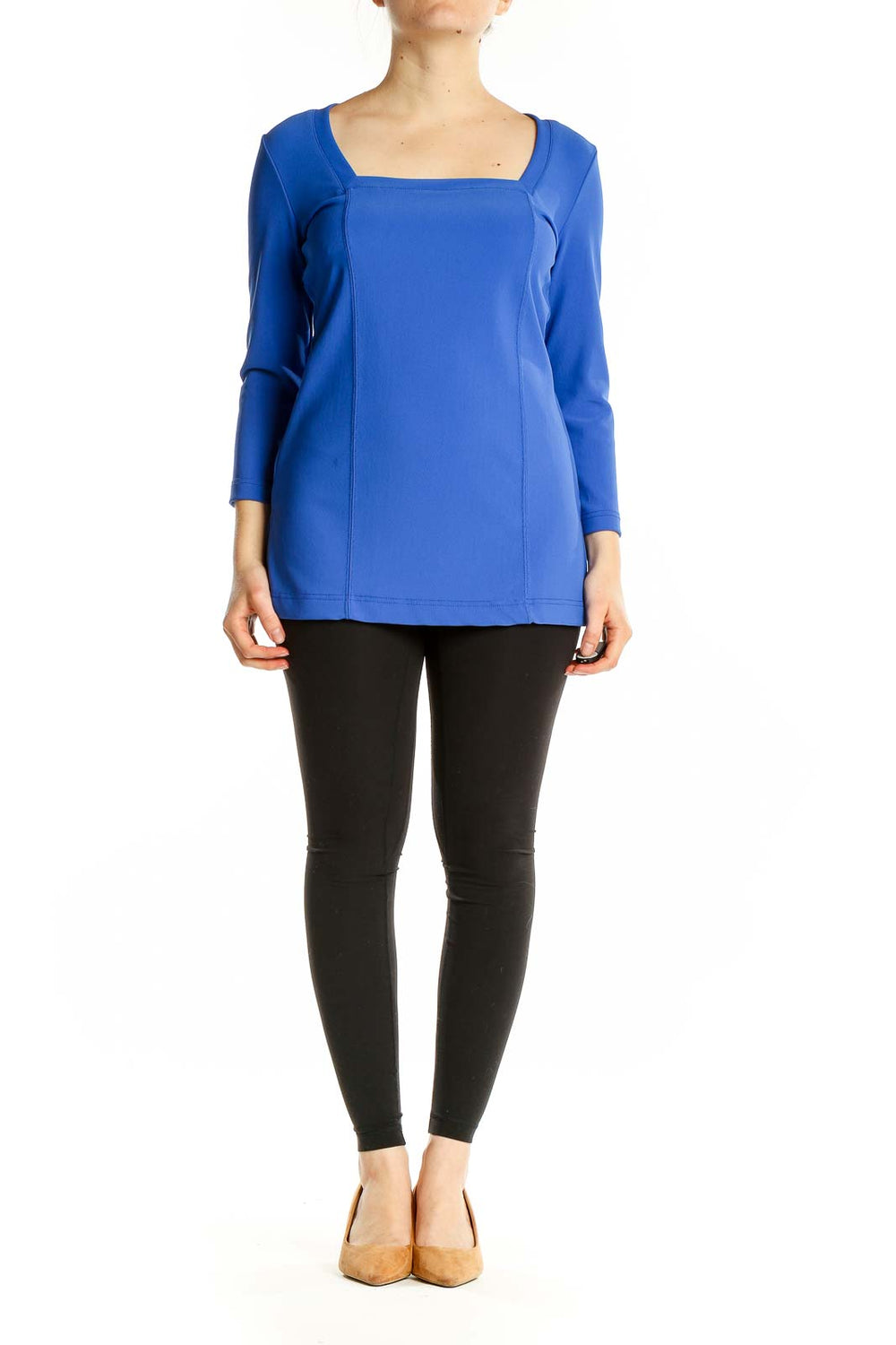 Front view of blue Boston Proper square neck long sleeve top