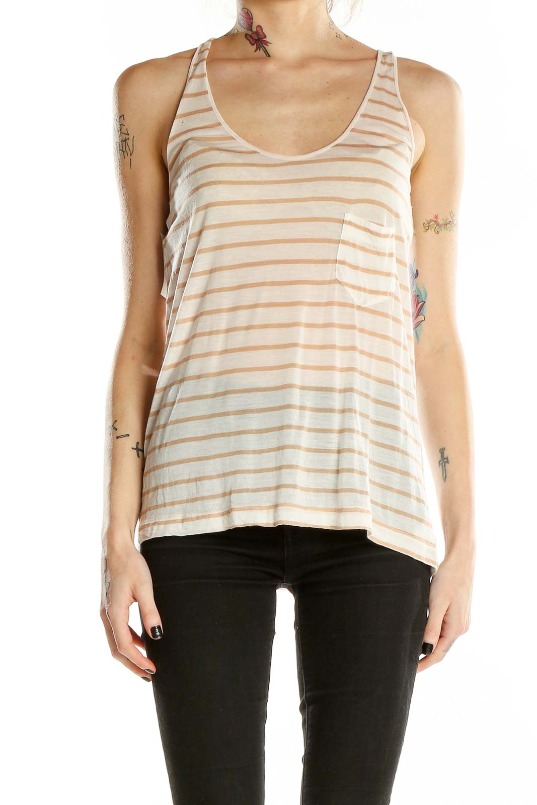 Front view of A.L.C. beige striped sleeveless tank top with scoop neck