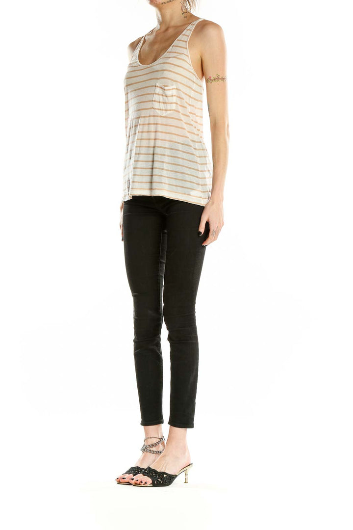 Front view of A.L.C. beige striped sleeveless tank top with scoop neck