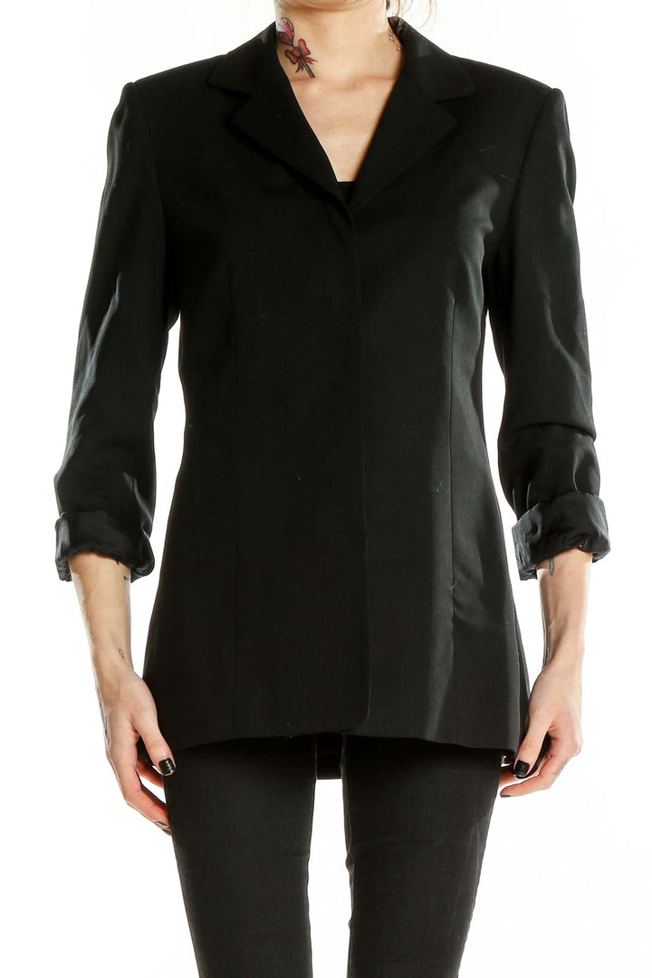 Front view of Ann Taylor black wool blend blazer on model