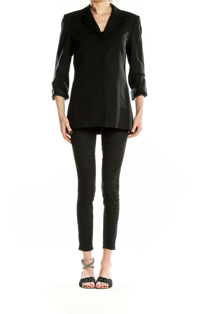 Front view of Ann Taylor black wool blend blazer on model