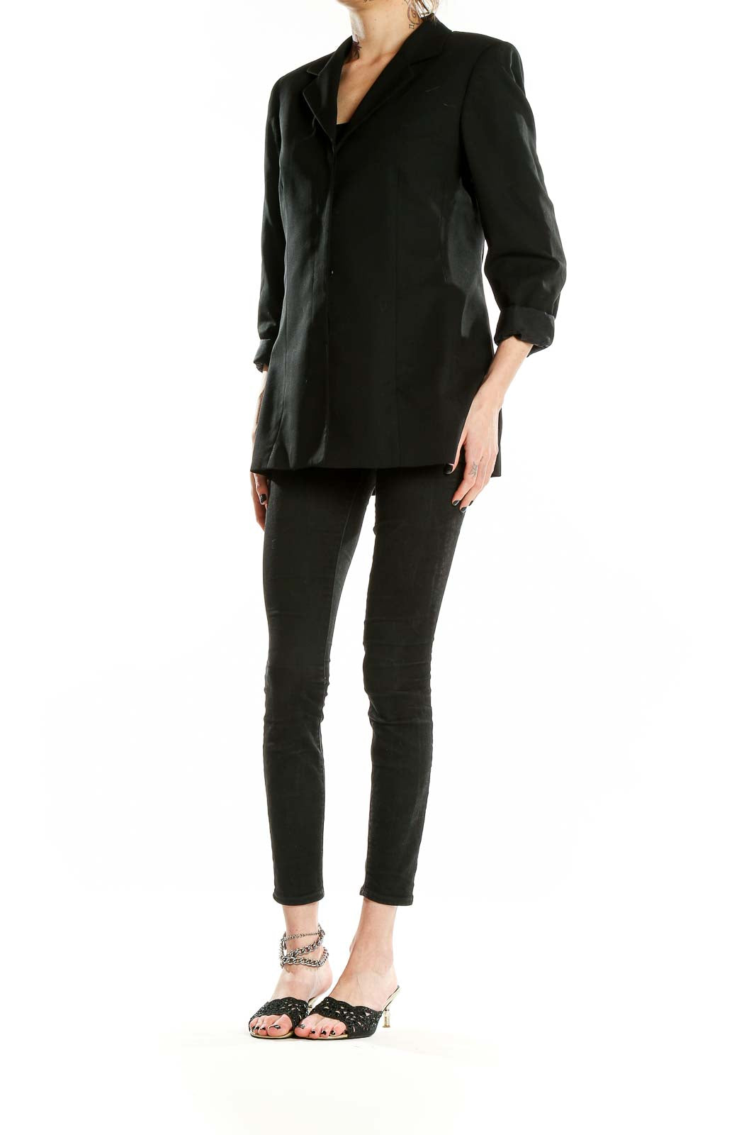 Front view of Ann Taylor black wool blend blazer on model