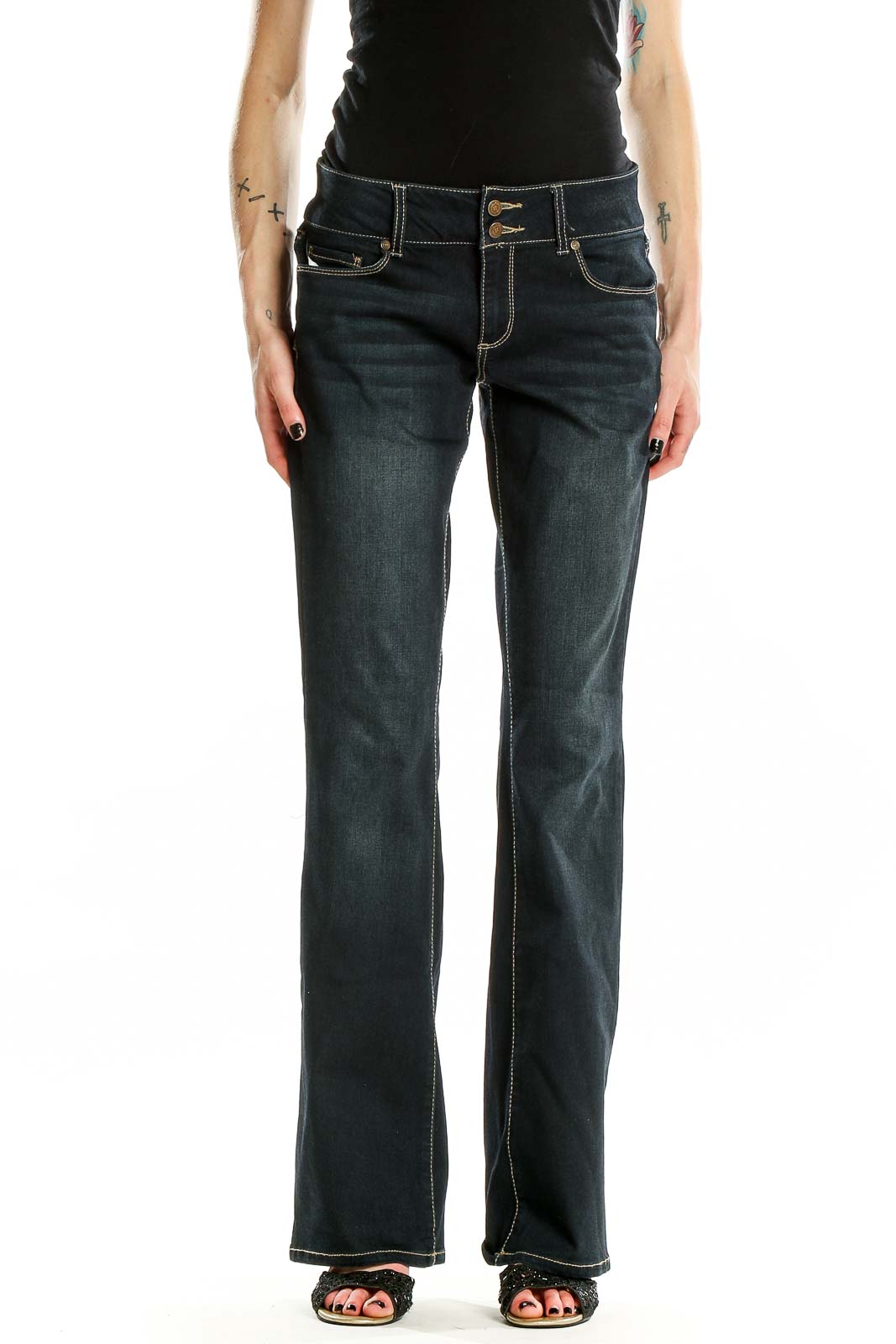 Front view of altar'd state dark blue bootcut jeans on model