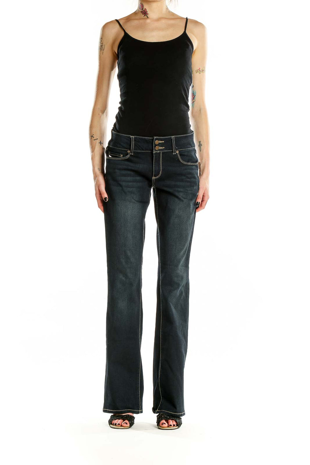 Front view of altar'd state dark blue bootcut jeans on model