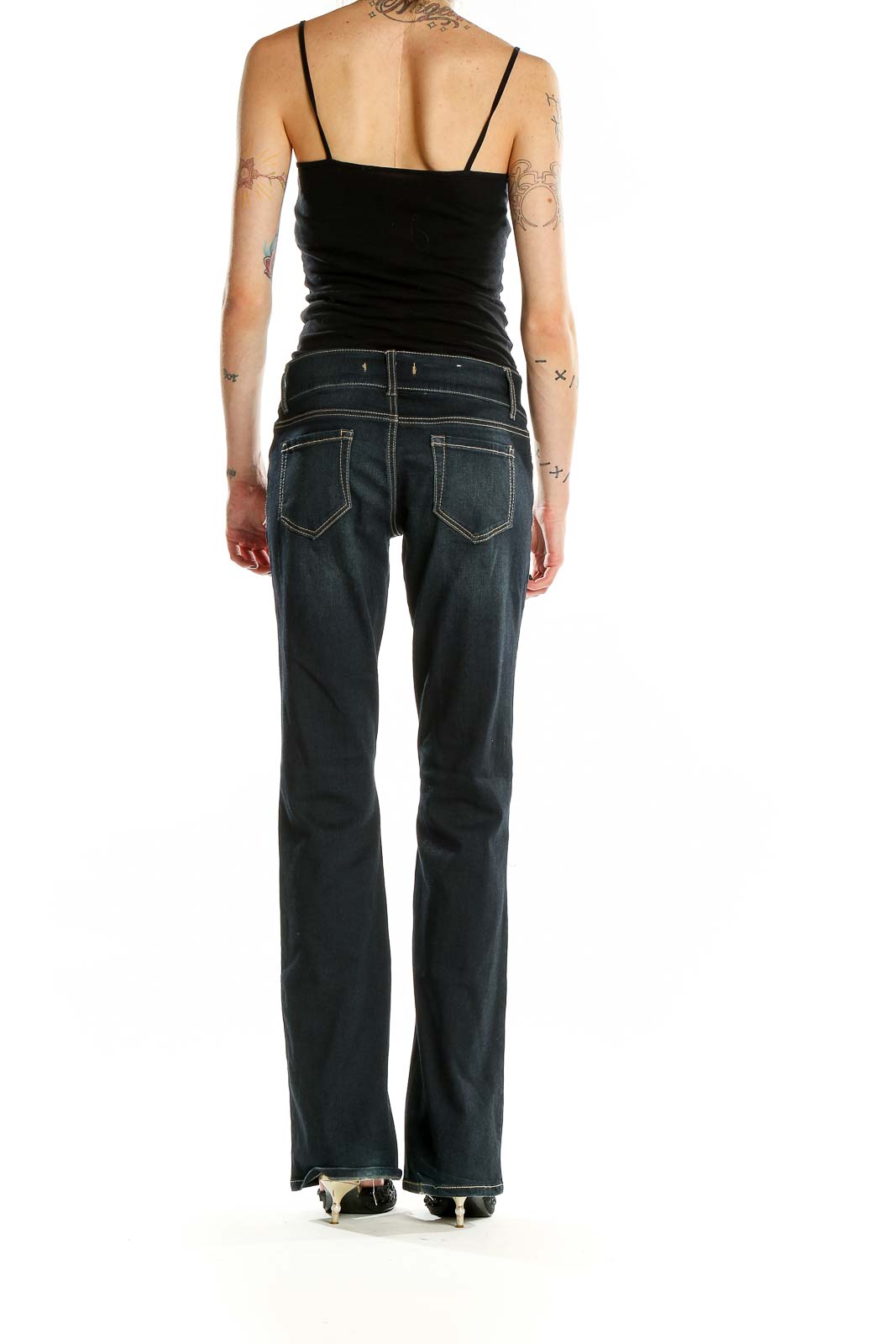 Back view of altar'd state dark blue bootcut jeans on model