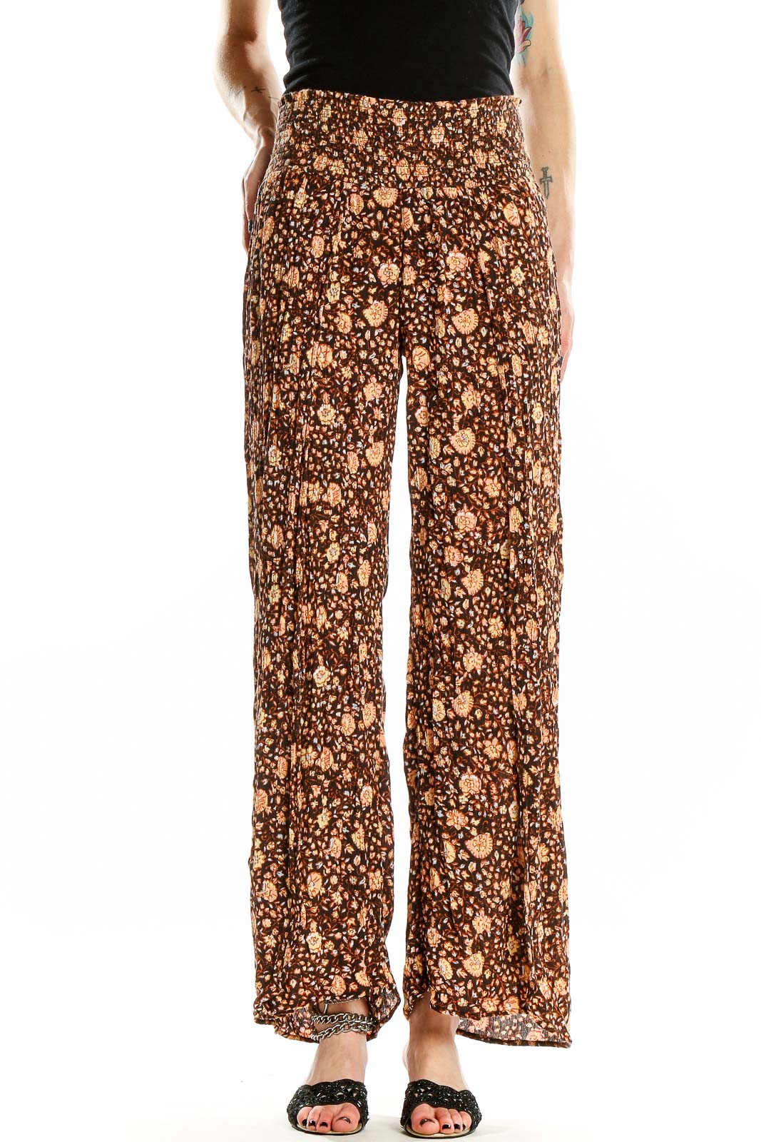 Front view of Billabong brown floral print wide-leg pants