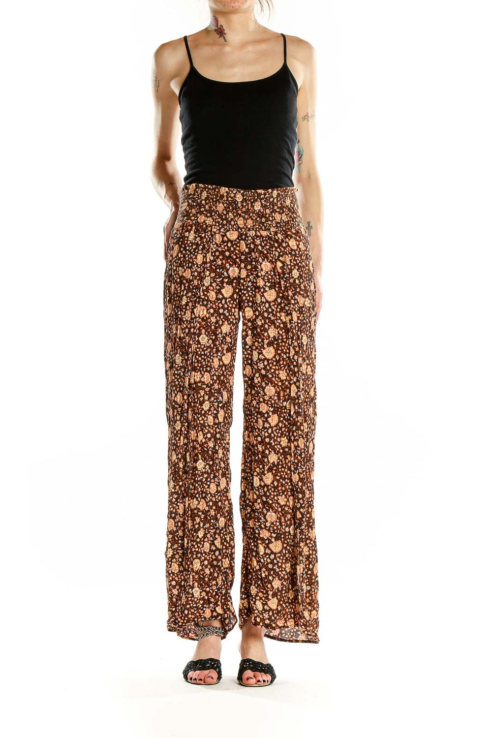 Front view of Billabong brown floral print wide-leg pants