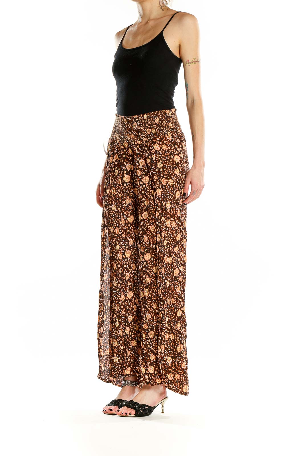 Front view of Billabong brown floral print wide-leg pants