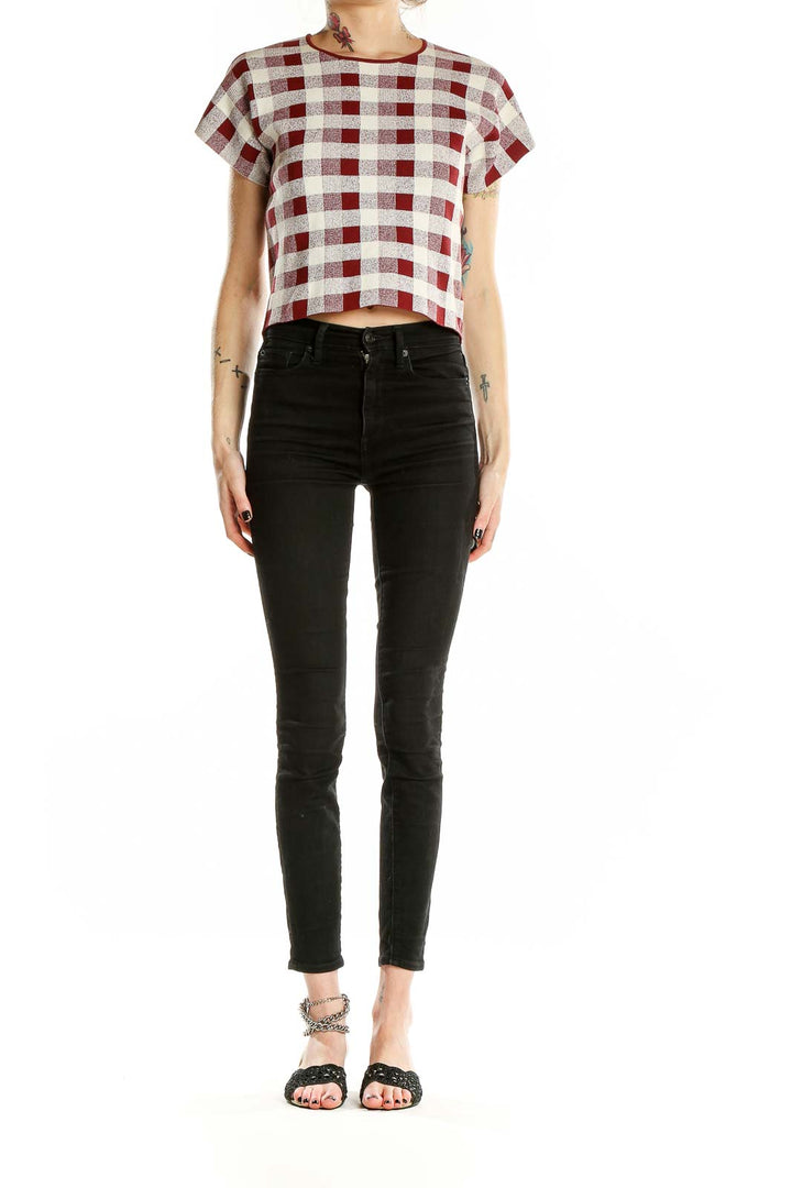 White Red Short Sleeve Cropped Checkered Top