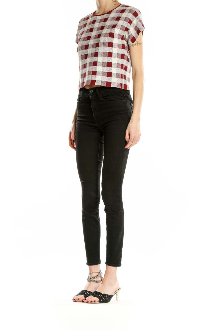 White Red Short Sleeve Cropped Checkered Top