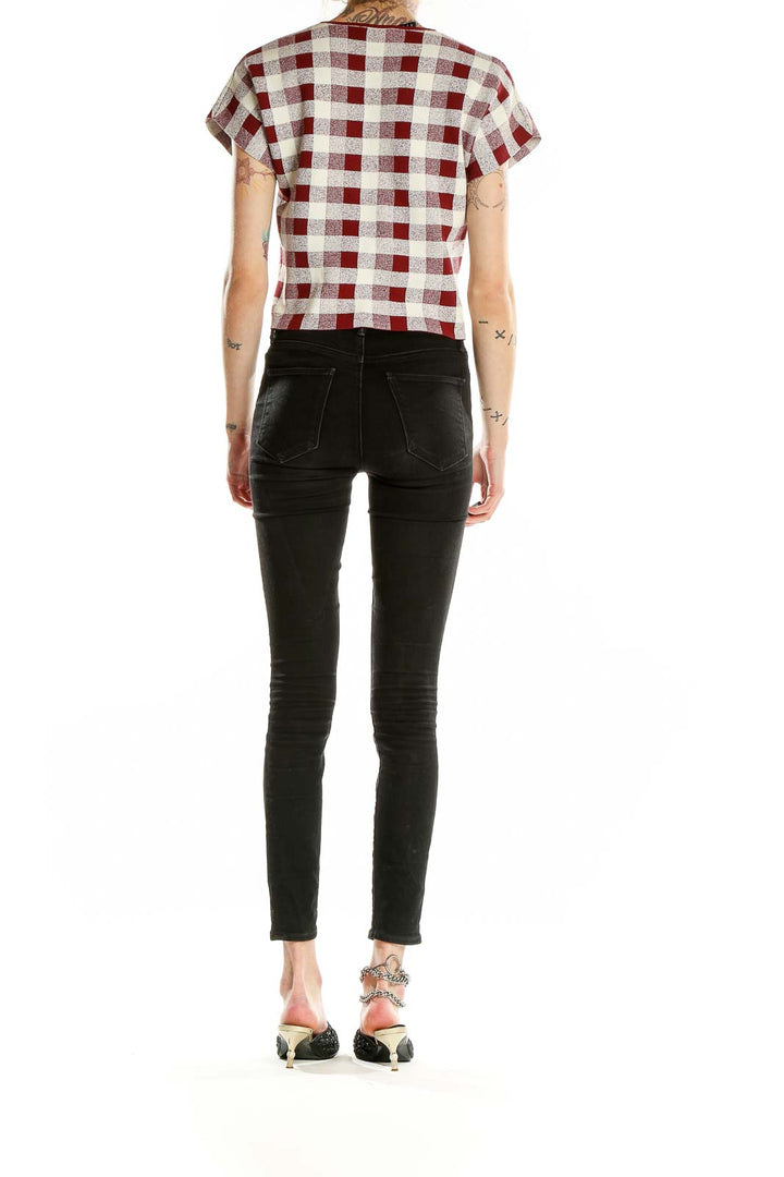 White Red Short Sleeve Cropped Checkered Top