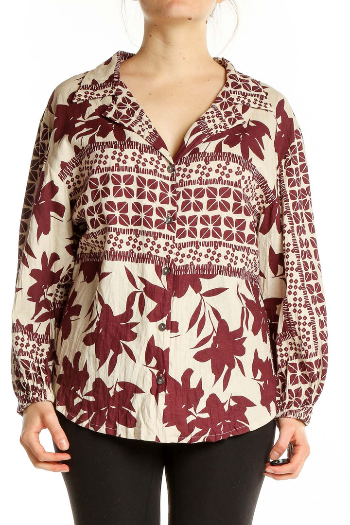 White Red Long Sleeve Bohemian Printed Shirt