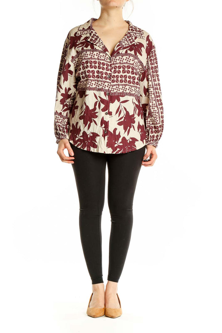 White Red Long Sleeve Bohemian Printed Shirt