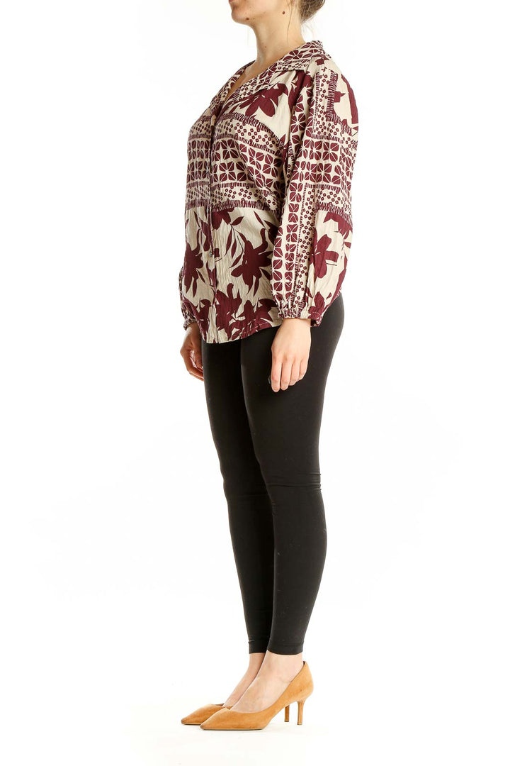 White Red Long Sleeve Bohemian Printed Shirt