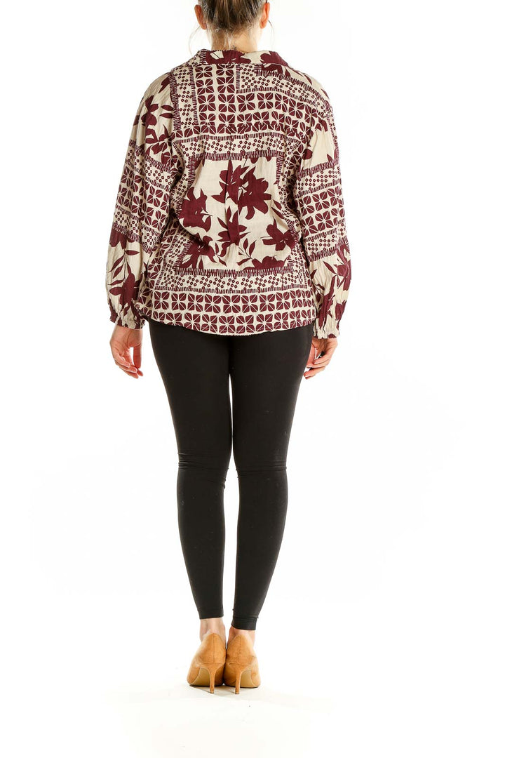 White Red Long Sleeve Bohemian Printed Shirt