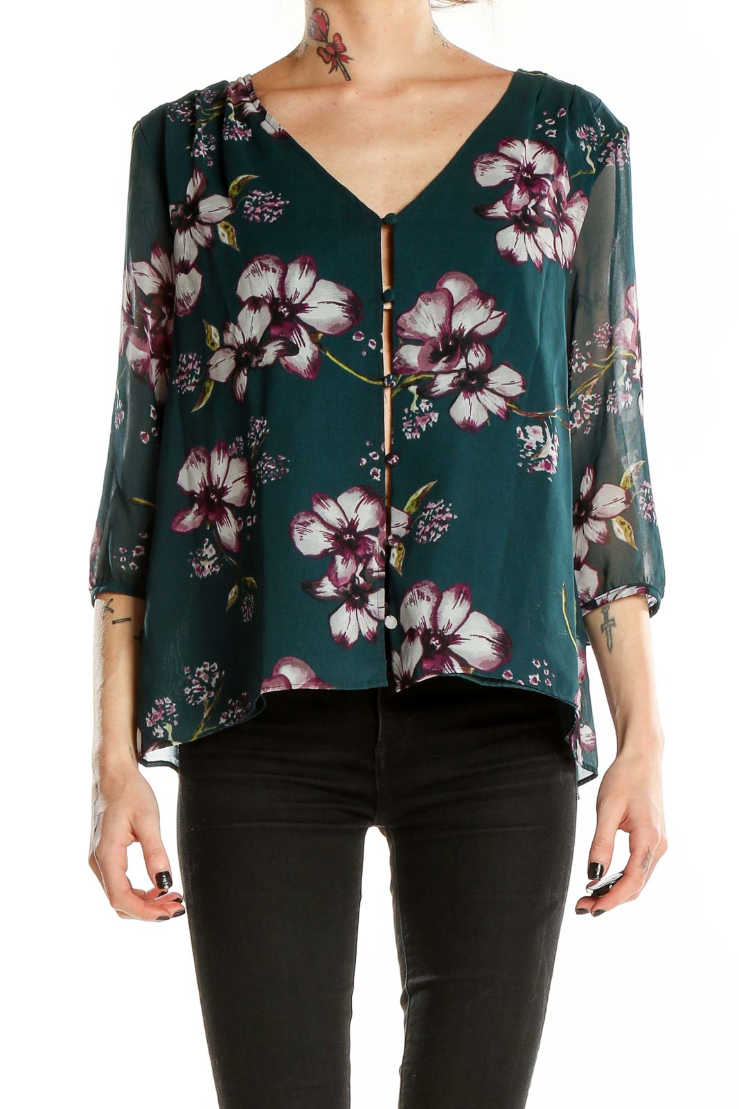 Front view of Cupcakes and Cashmere green floral V-neck blouse with 3/4 sleeves