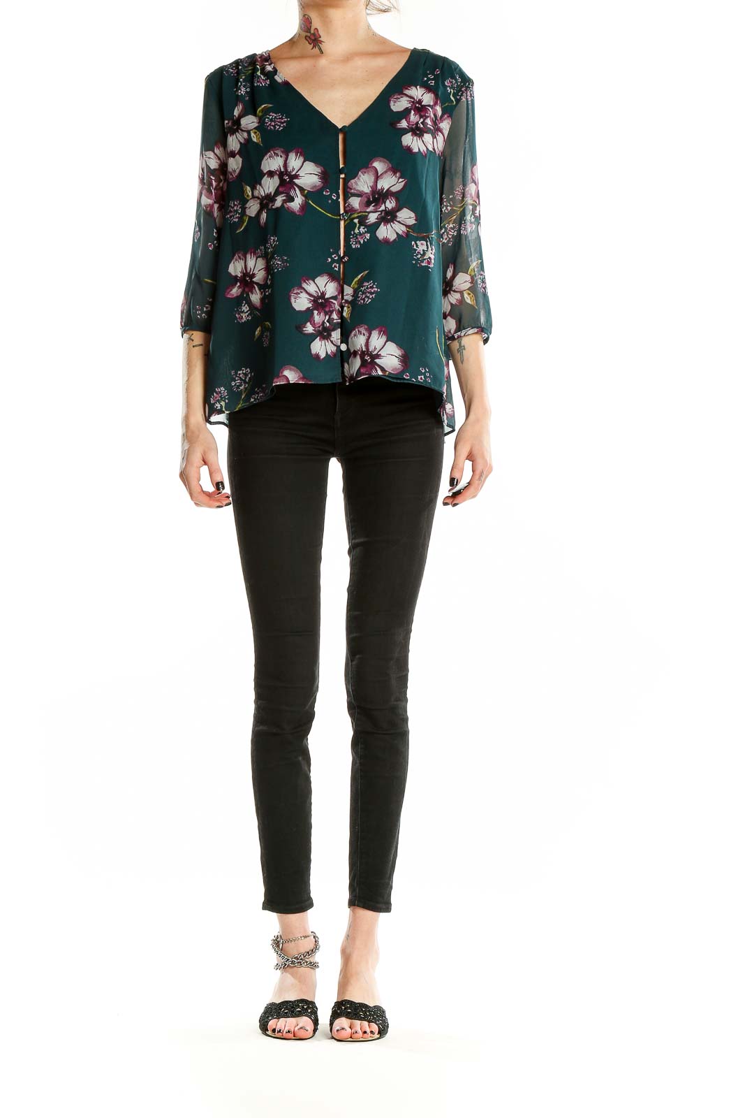 Front view of Cupcakes and Cashmere green floral V-neck blouse with 3/4 sleeves