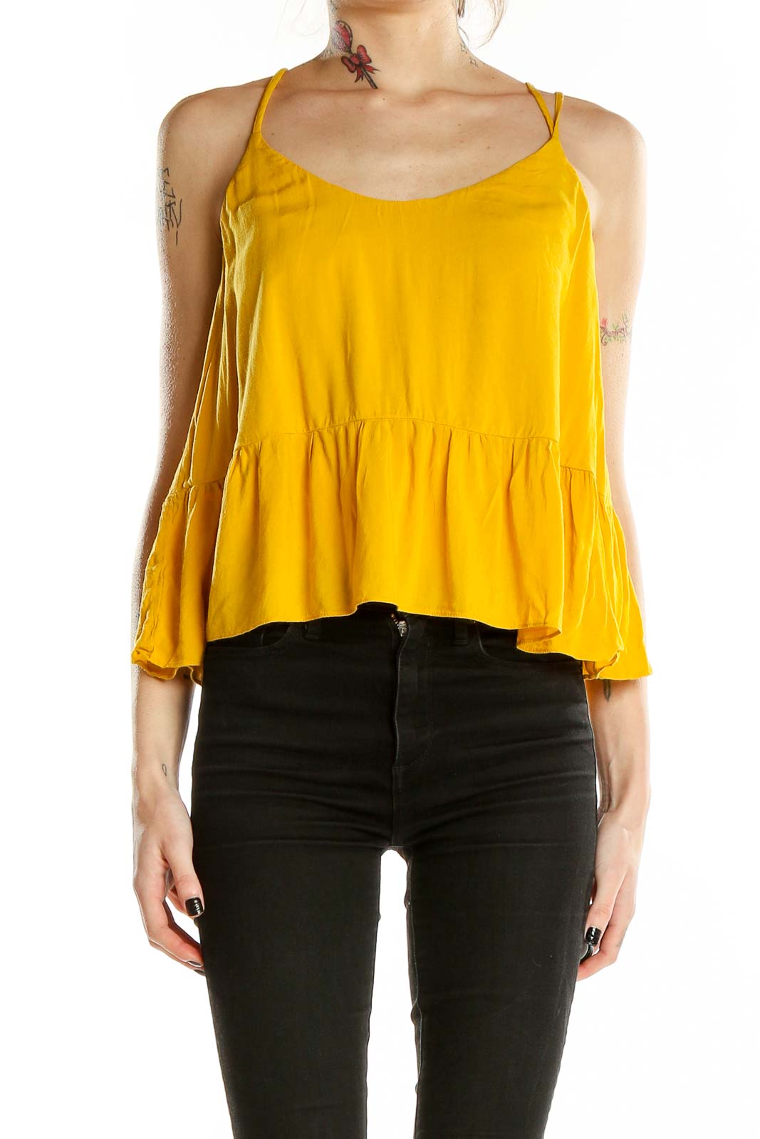 Front view of yellow Topshop camisole top with peplum hem