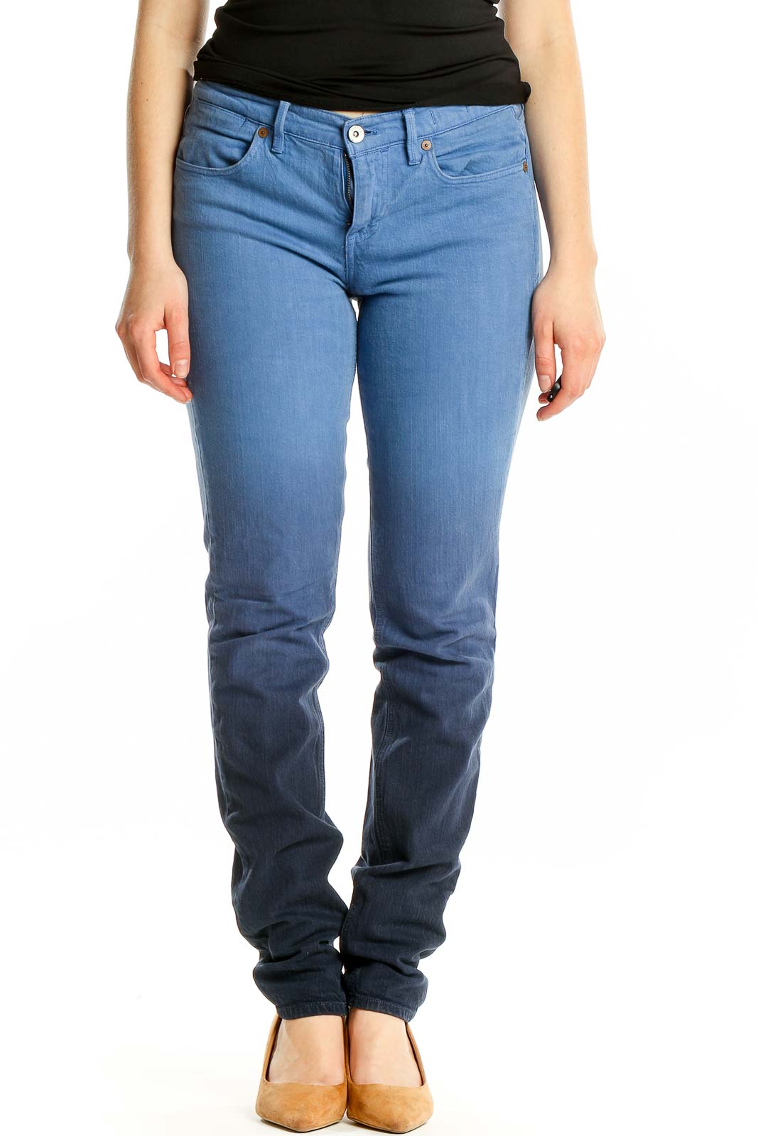 Front view of Madewell blue ombre straight leg jeans with gradient effect