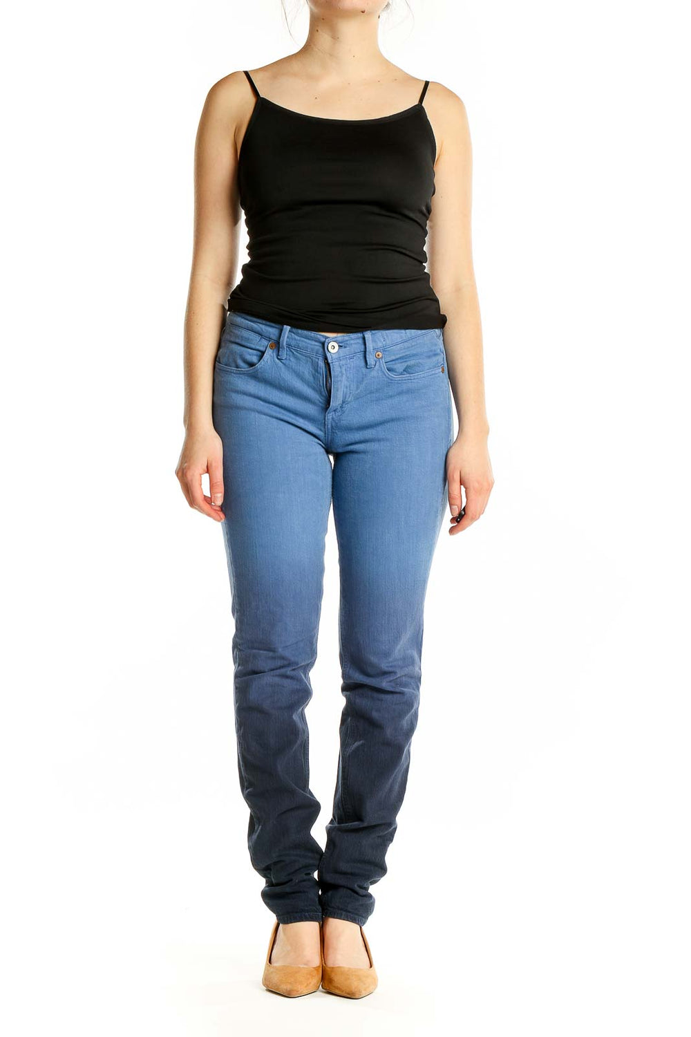 Front view of Madewell blue ombre straight leg jeans with gradient effect