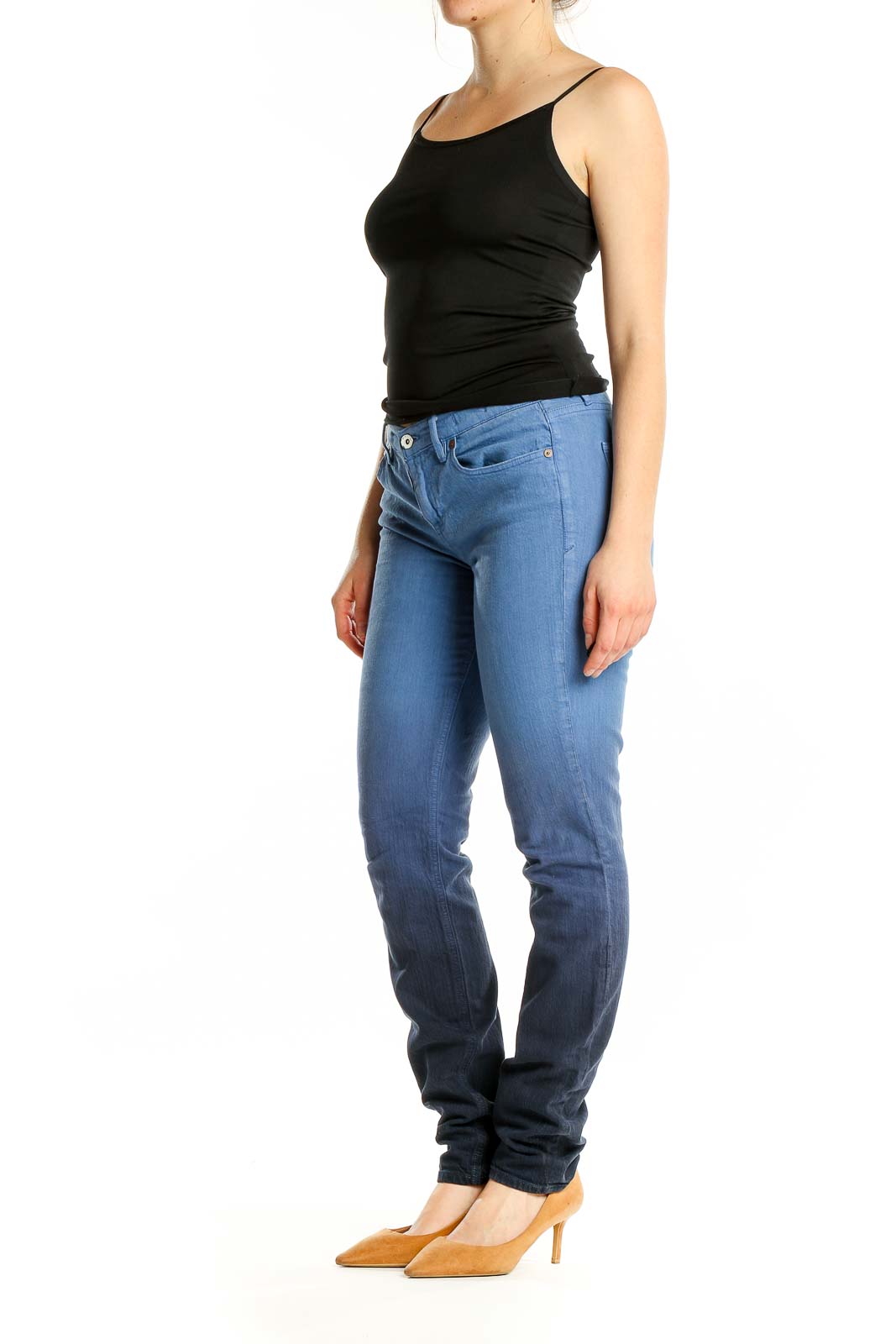 Front view of Madewell blue ombre straight leg jeans with gradient effect