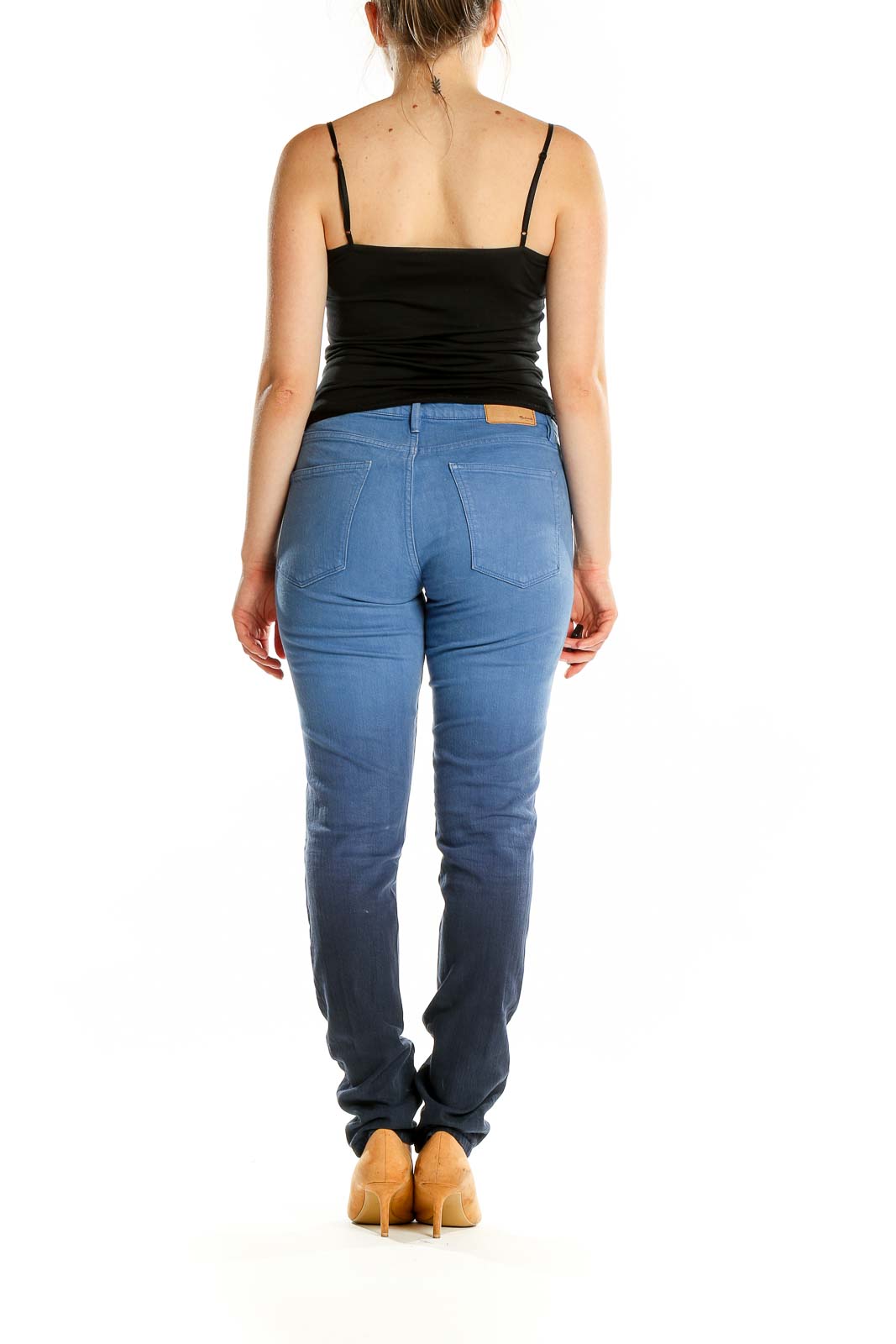 Back view of Madewell blue ombre straight leg jeans showing gradient and fit